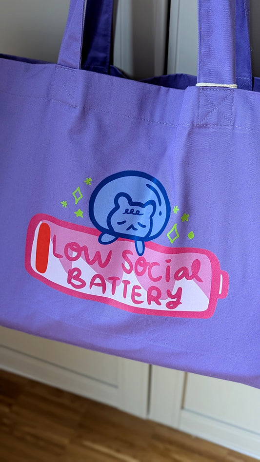 Low Social Battery Purple Twill Tote Bag