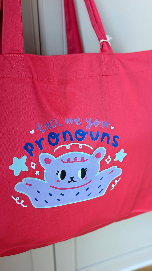 Tell Me Your Pronouns Pink Twill Tote Bag