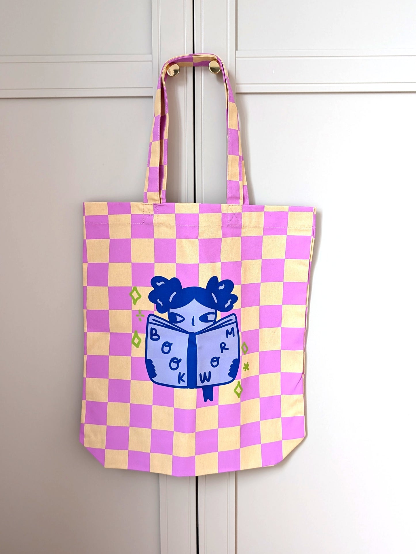 Bookworm Checkered Canvas Tote Bag
