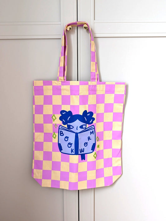 Bookworm Checkered Canvas Tote Bag
