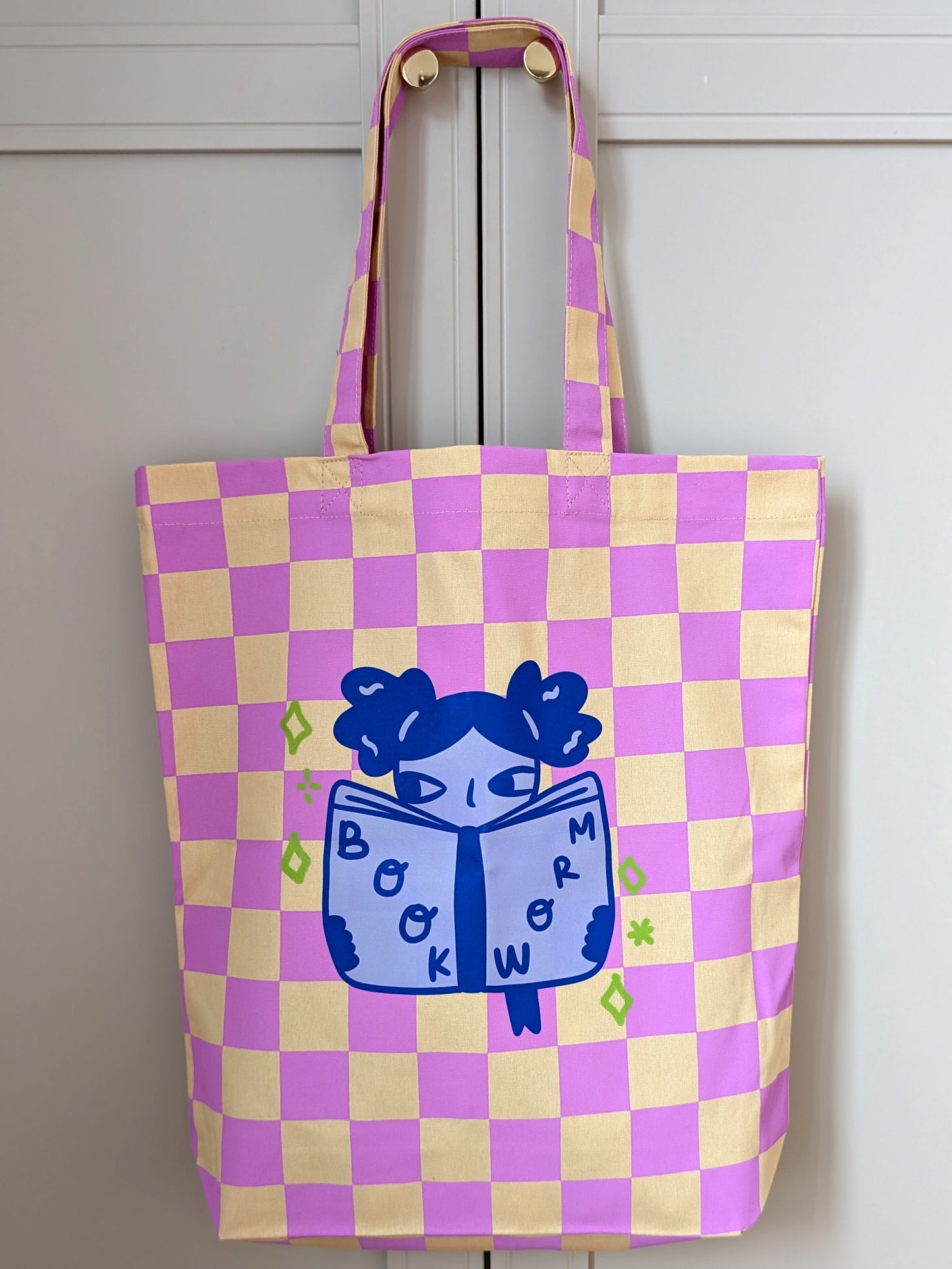 Bookworm Checkered Canvas Tote Bag