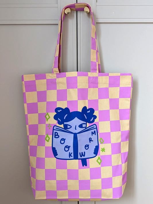 Bookworm Checkered Canvas Tote Bag