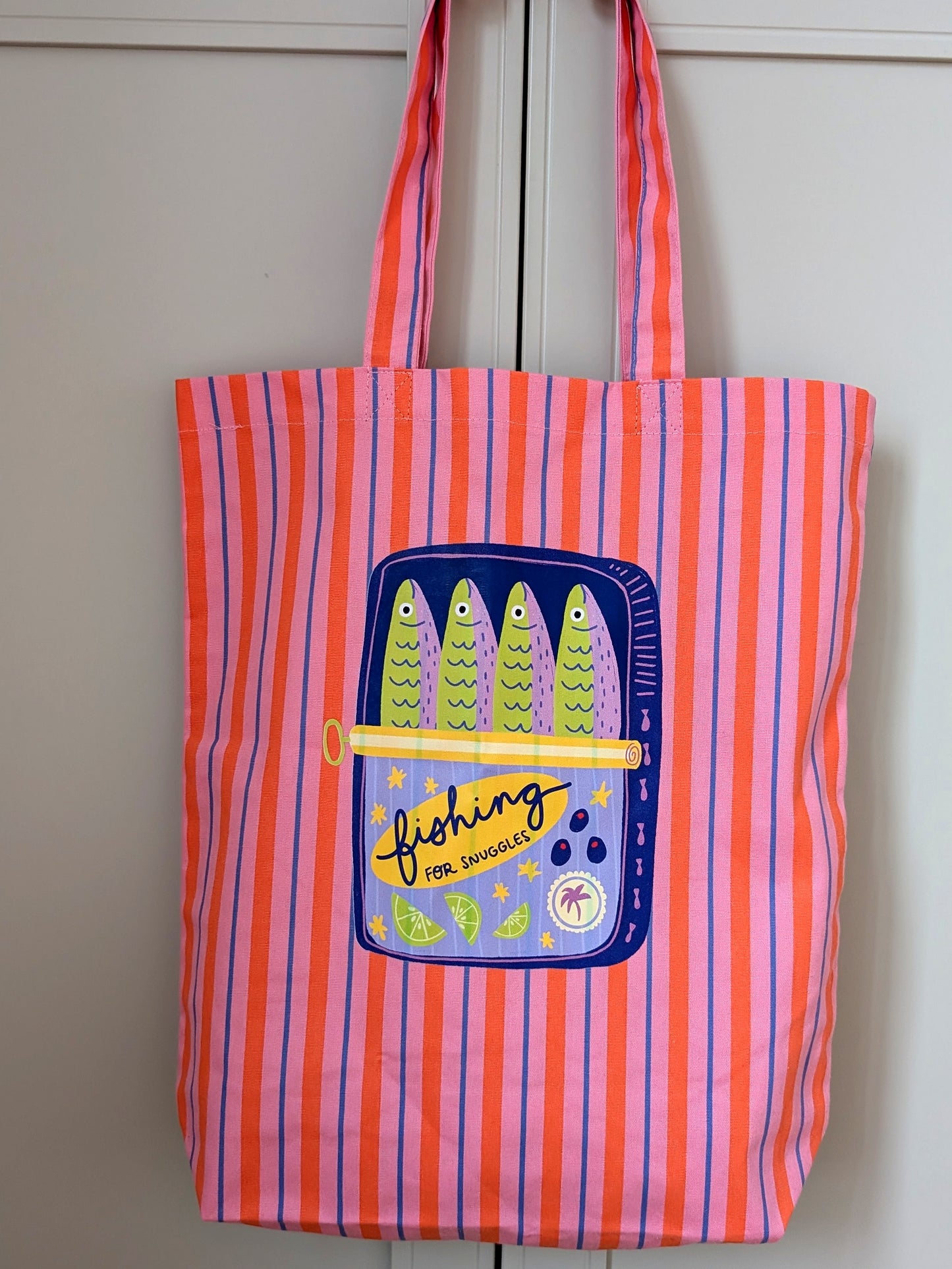 Fishing For Snuggles Striped Canvas Tote Bag